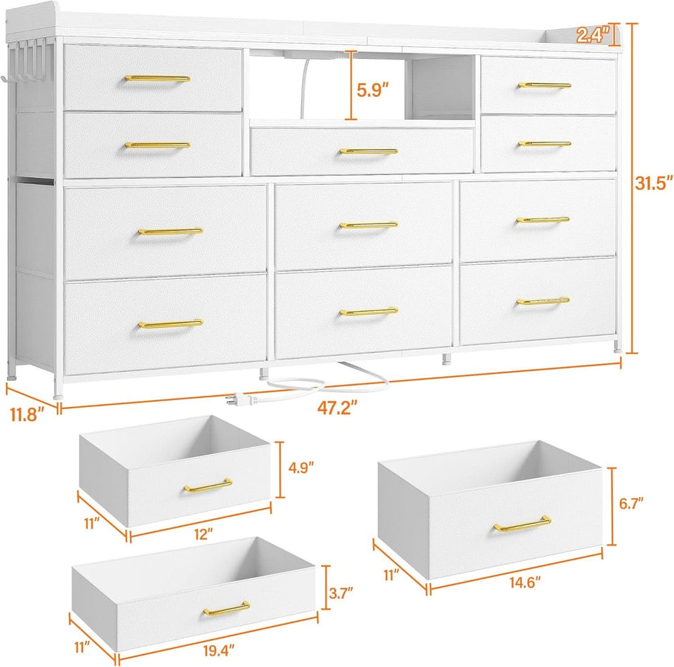 White Dresser TV Stand 60 Inch With LED And 11 Drawers
