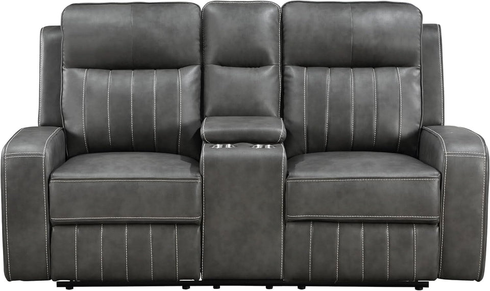 Gray Faux Leather Reclining Loveseat With Manual Recline