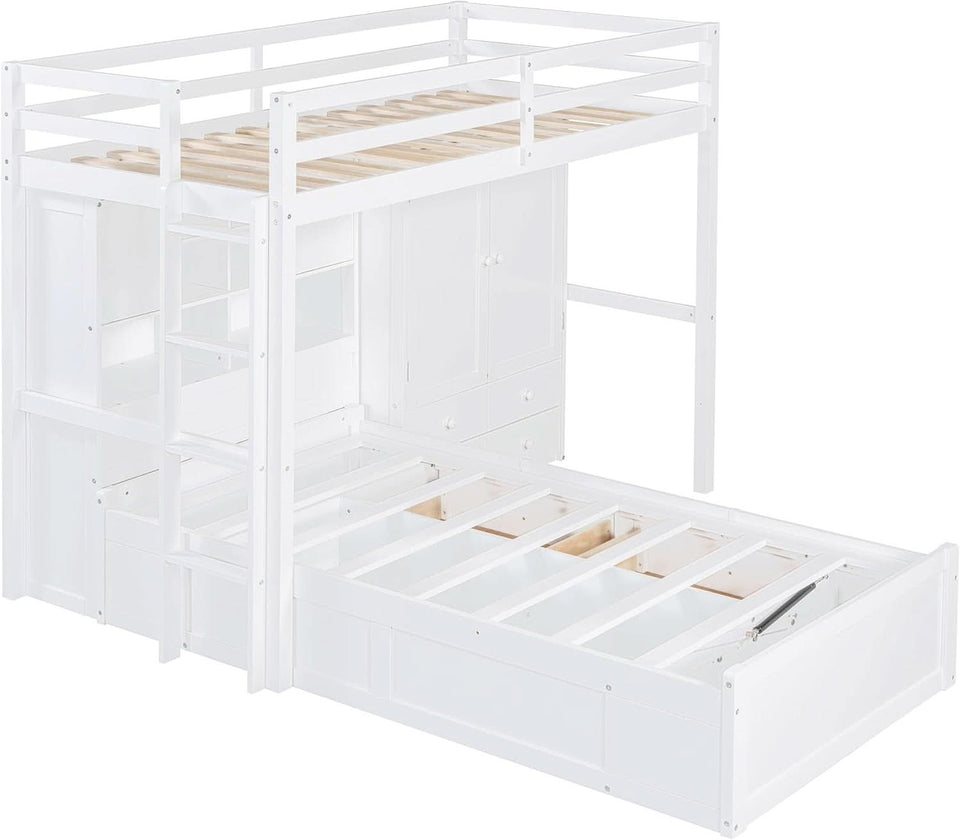White Twin Over Twin Bunk Bed With Drawers And Wardrobe