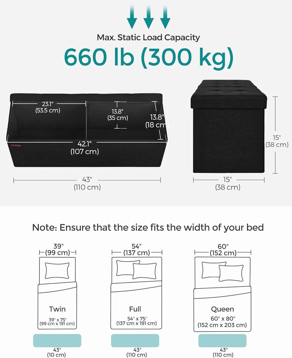 Ink Black 43 Inches Super Ultra Foldable Storage Ottoman
