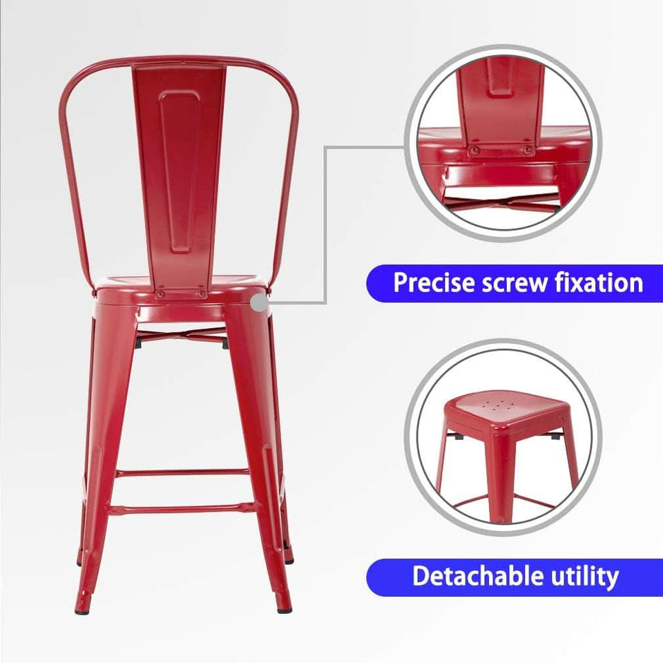 24 Inch Stackable Metal Bar Stools Set Of 4 For Indoor Outdoor Use With Backrest