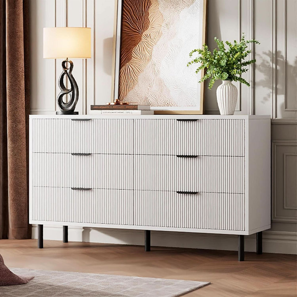 modern fluted dresser T4TREAM 54" Wide 6 Drawer for Bedroom, Natural Oak adding a rich sense of hierarchy White Fluted Contemporary Dresser With