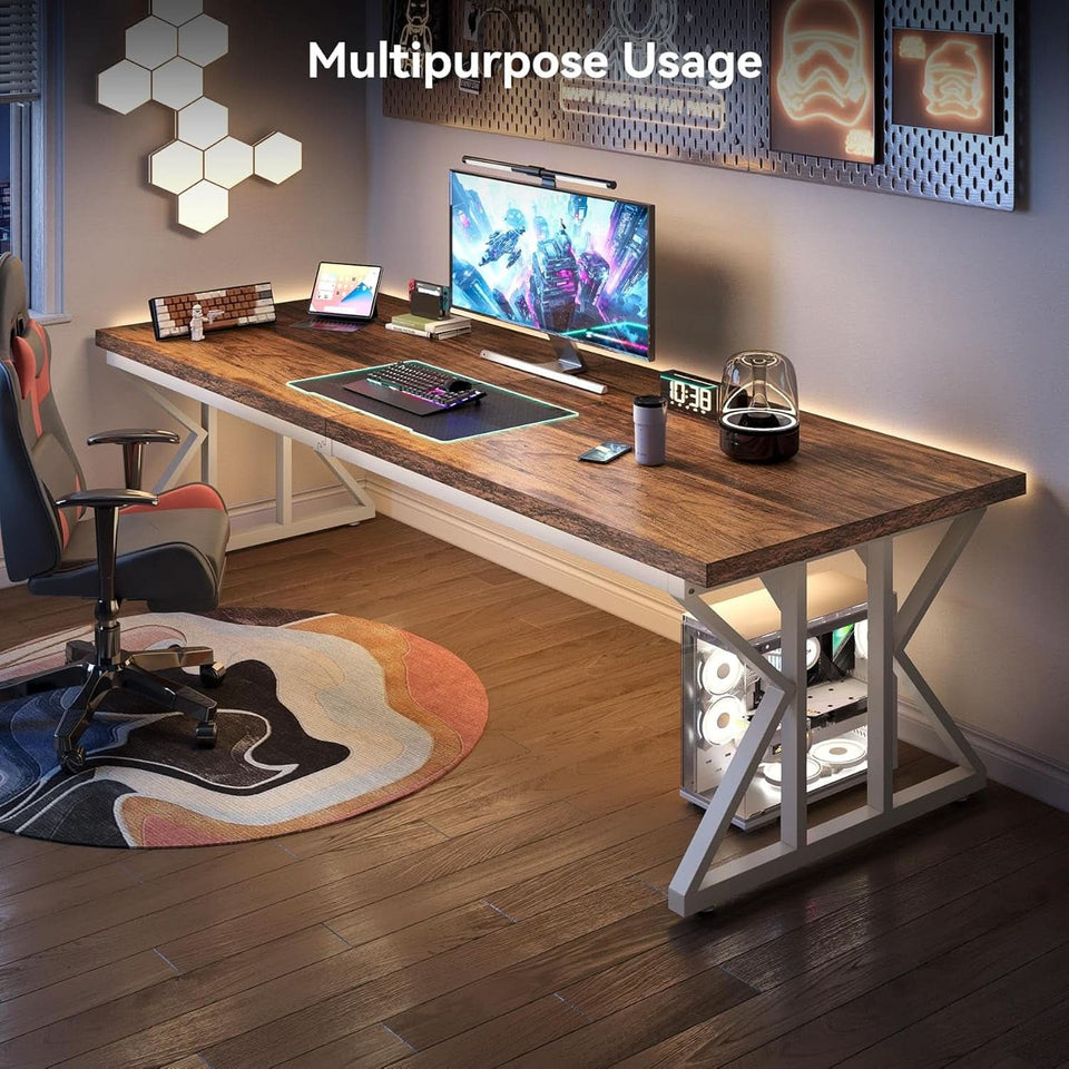 78.7 Inch Rustic Executive Desk For Home Office Brown-White