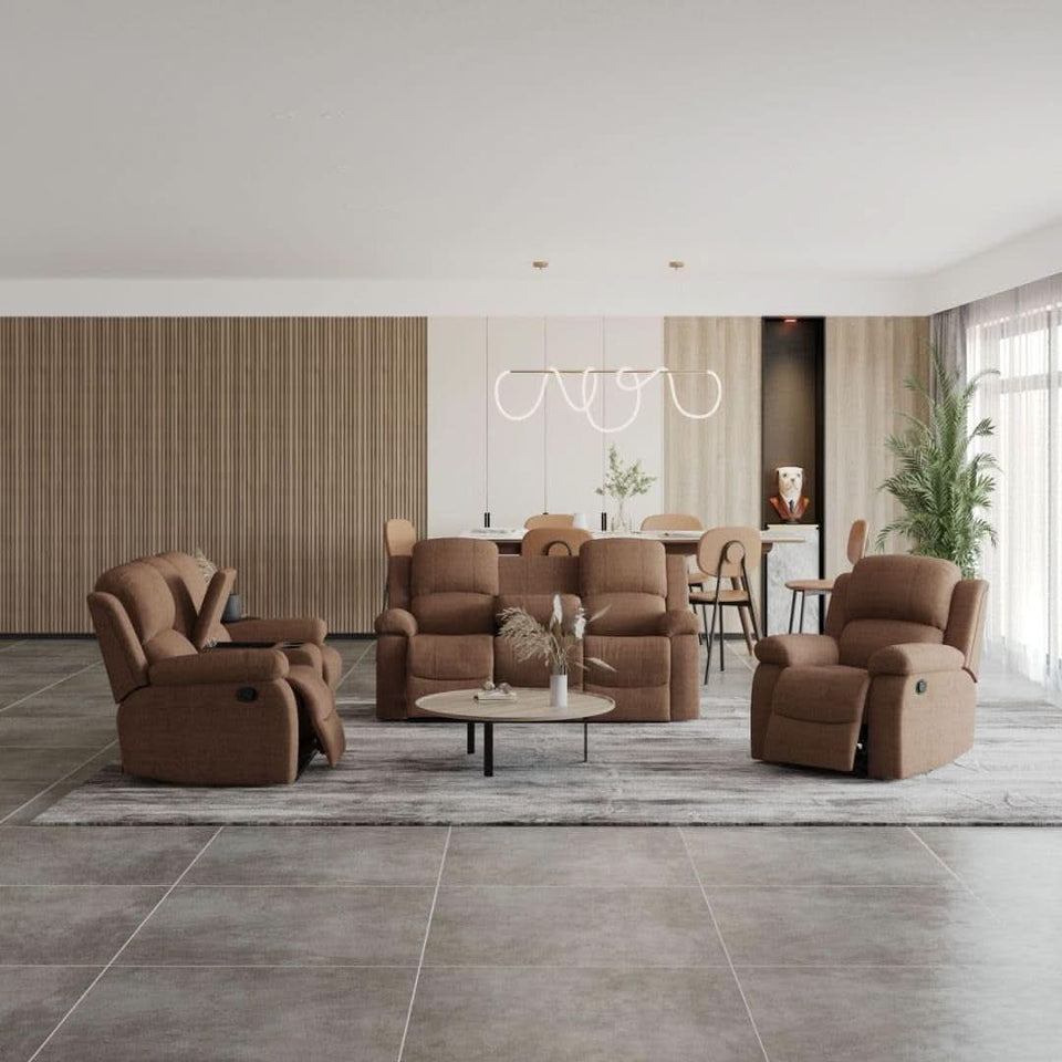 Manual Recliner Sofa Set In Brown Microfiber 3 Piece