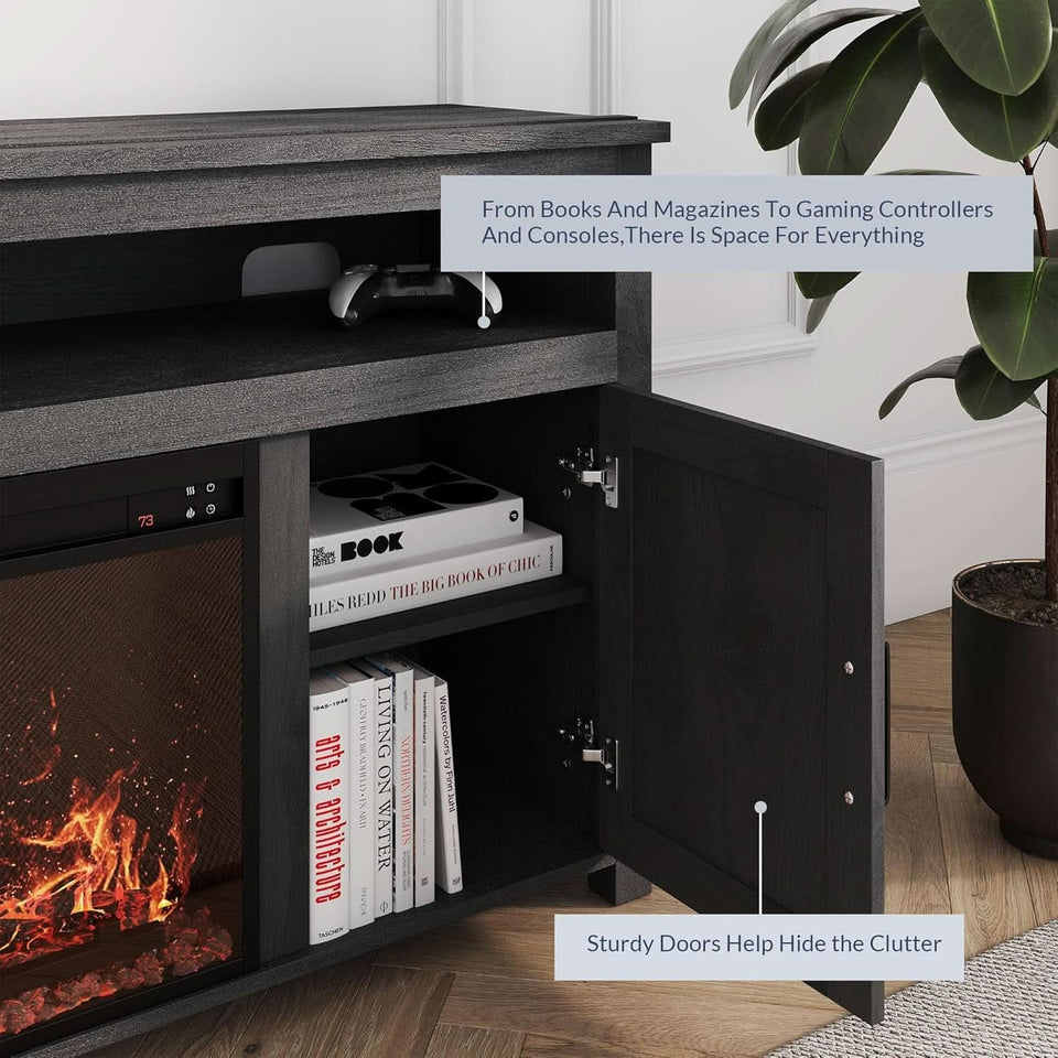 58 Inch Farmhouse TV Stand With Electric Fireplace Grey