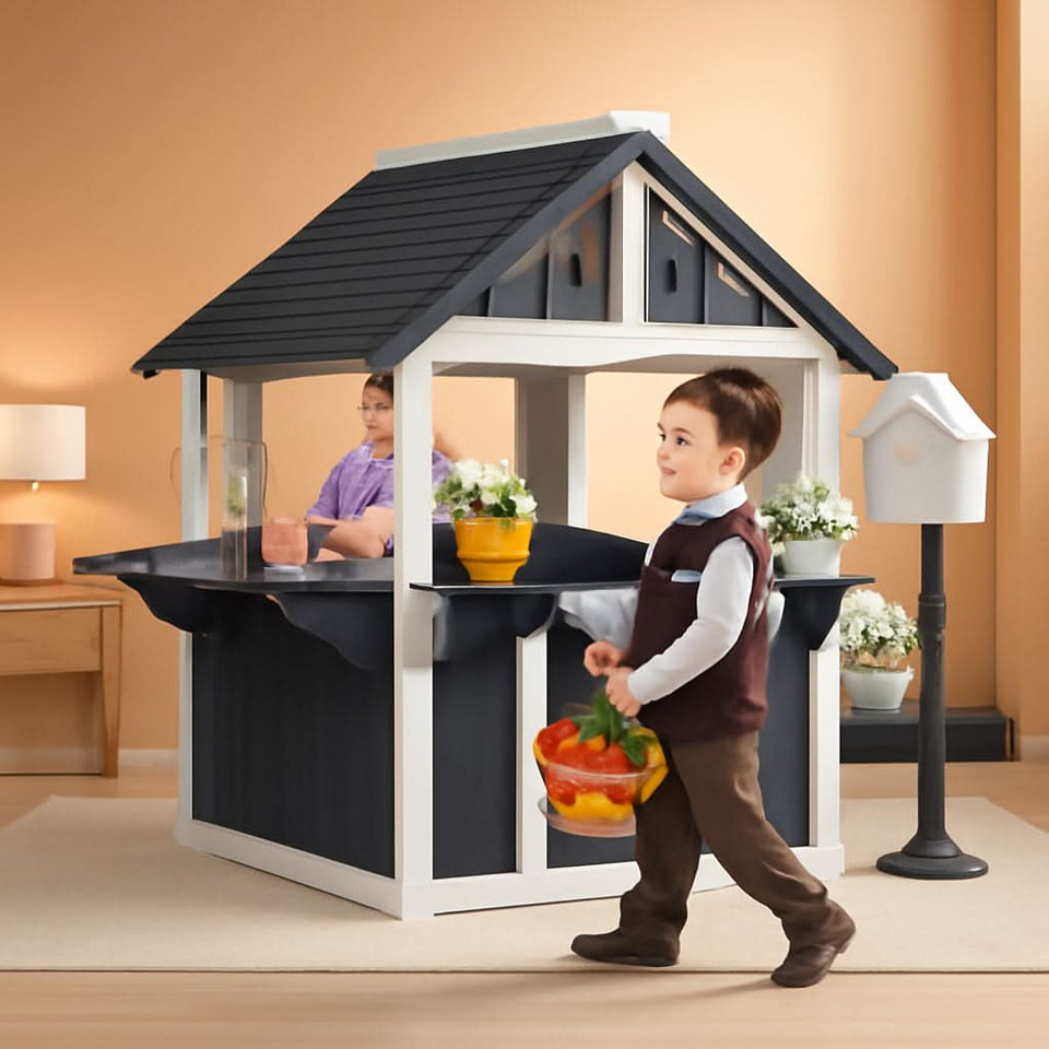 Wooden Outdoor Playhouse Gray White Integrated Sink