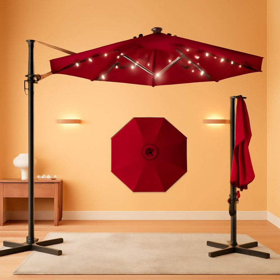 10ft Solar LED Cantilever Patio Umbrella With 360 Degree Rotation And Easy Tilt Cross Base 10ft Solar LED Cantilever Patio Umbrella With 360 Degree Rotation And Easy Tilt Cross Base