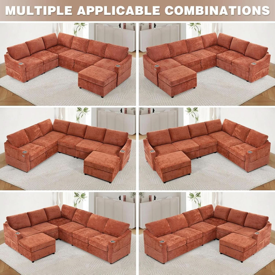 116Inch Orange Chenille Fabric Modular Sleeper Sofa USB