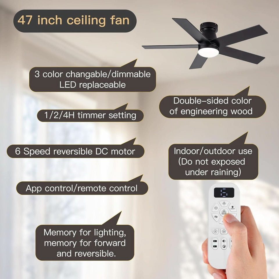 Black 47 Inch Low Profile Ceiling Fan With Remote LED
