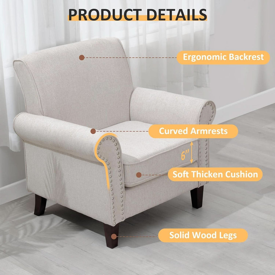 Beige Mid Century Modern Accent Chair Nailhead Trim