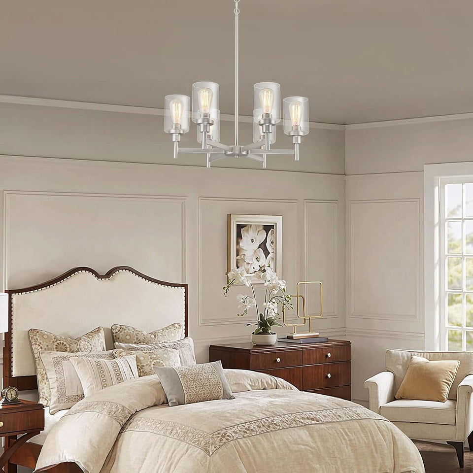 Brushed Nickel Six Light Chandelier With Clear Glass Shades