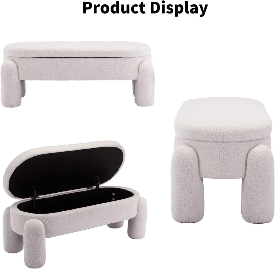 44.7-Inch White Boucle Upholstered Storage Ottoman Bench