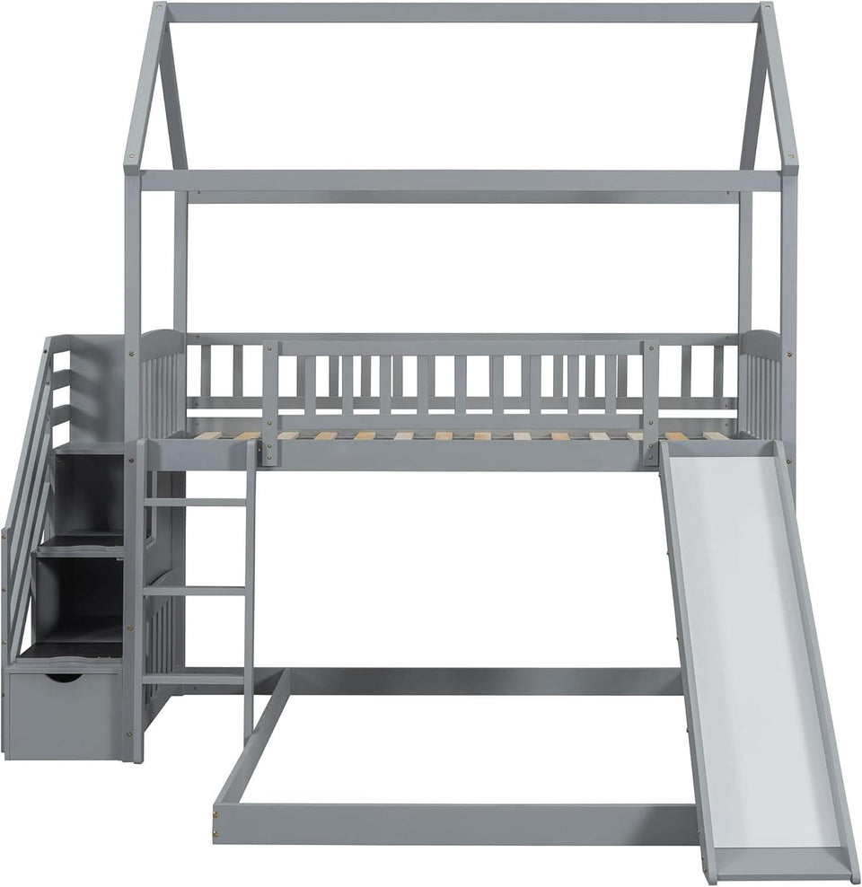 Gray Twin Loft Bunk Bed With Slide And Stairs Storage