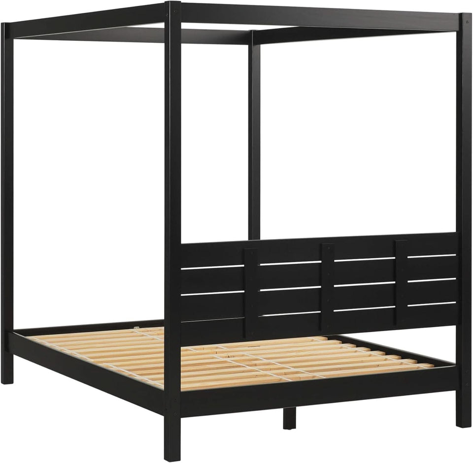 Modern Black Queen Canopy Bedframe with Slatted Headboard