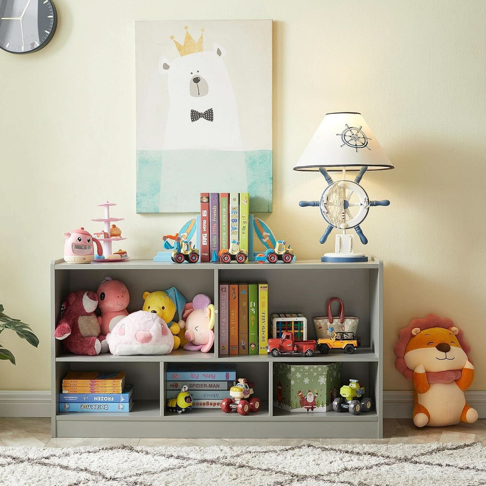 Grey 5 Section Toy Organizer And Bookshelf For Kids Storage
