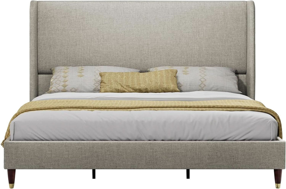 King Size Wingback Headboard Upholstered Bed Frame Khaki