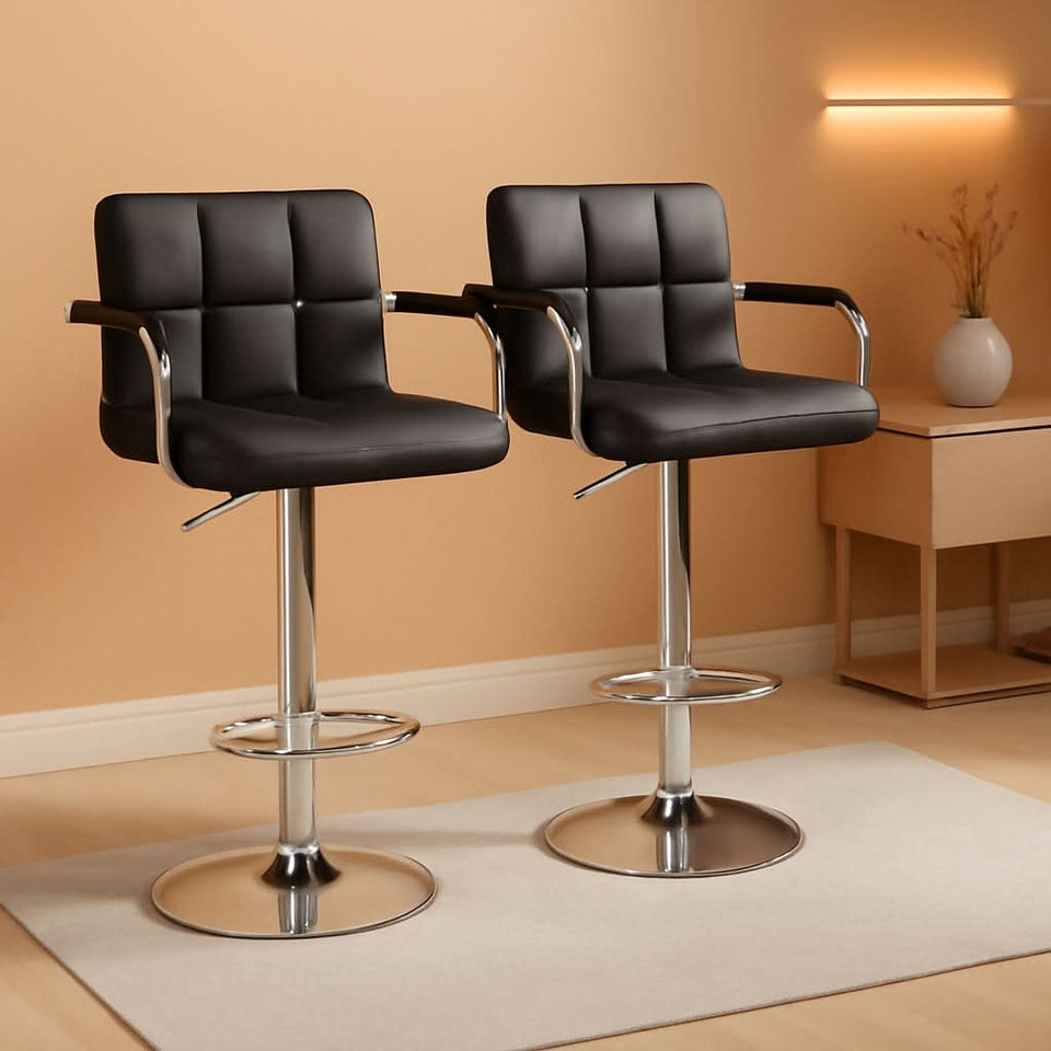Bar Stools Set Of 2 Adjustable PU Leather Black Swivel