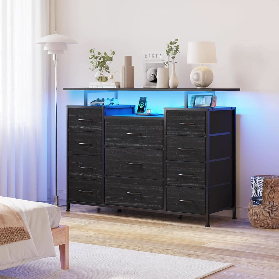 black dresser with led lights 11 Drawer Dresser With Fabric Drawers, Charging Station, LED Lights And Shelves, Black Wood Veins