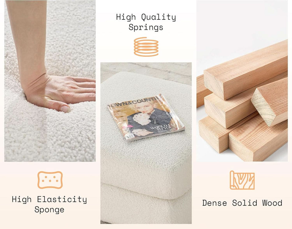 Oversized Off white Bouclé Fabric Ottoman With Metal Legs