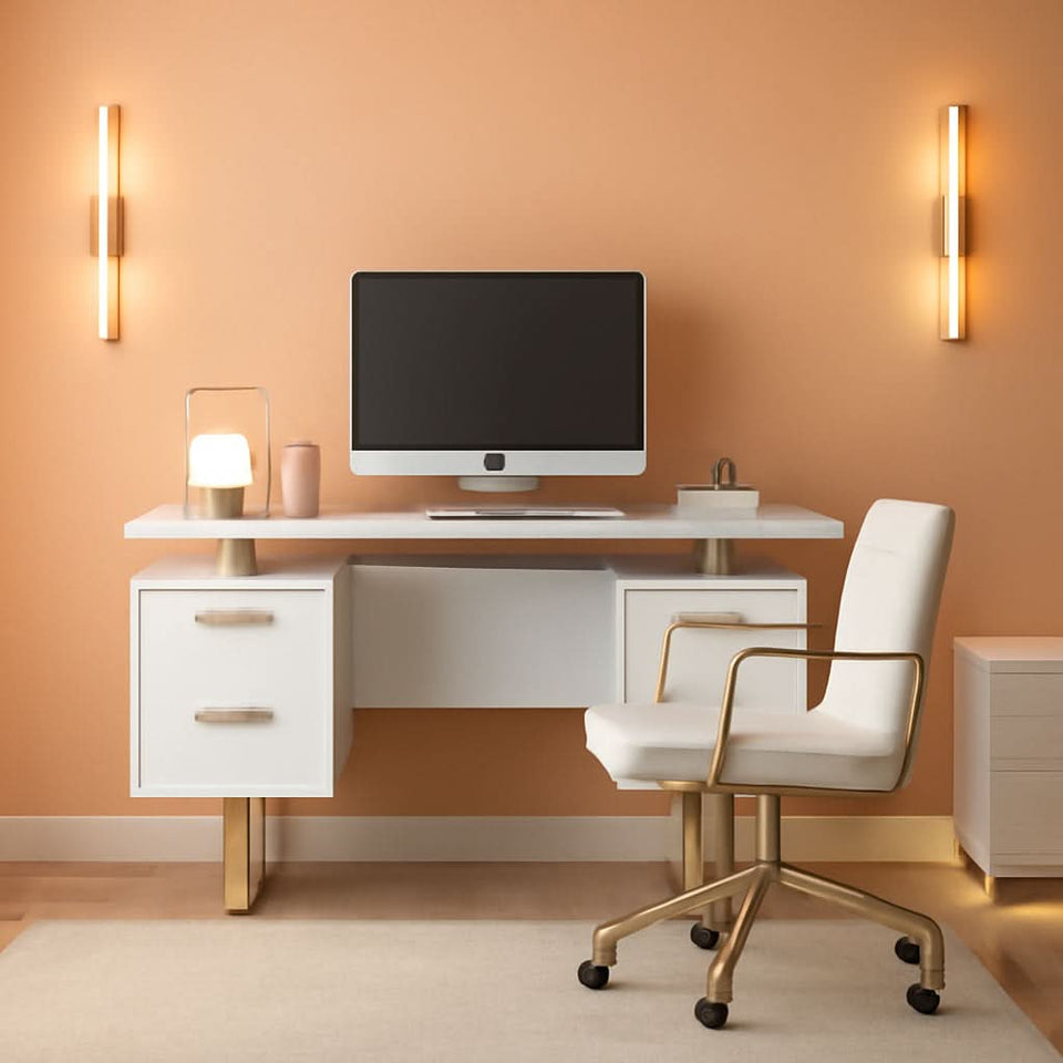 51 Inch White And Gold Desk With Storage Cabinet Drawers