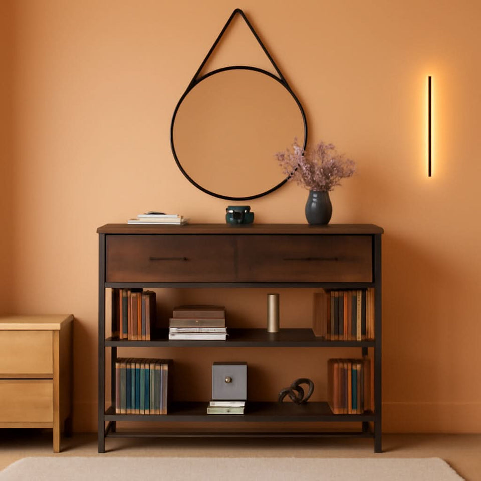 Industrial Dark Brown Sofa Table With Drawers And Shelves