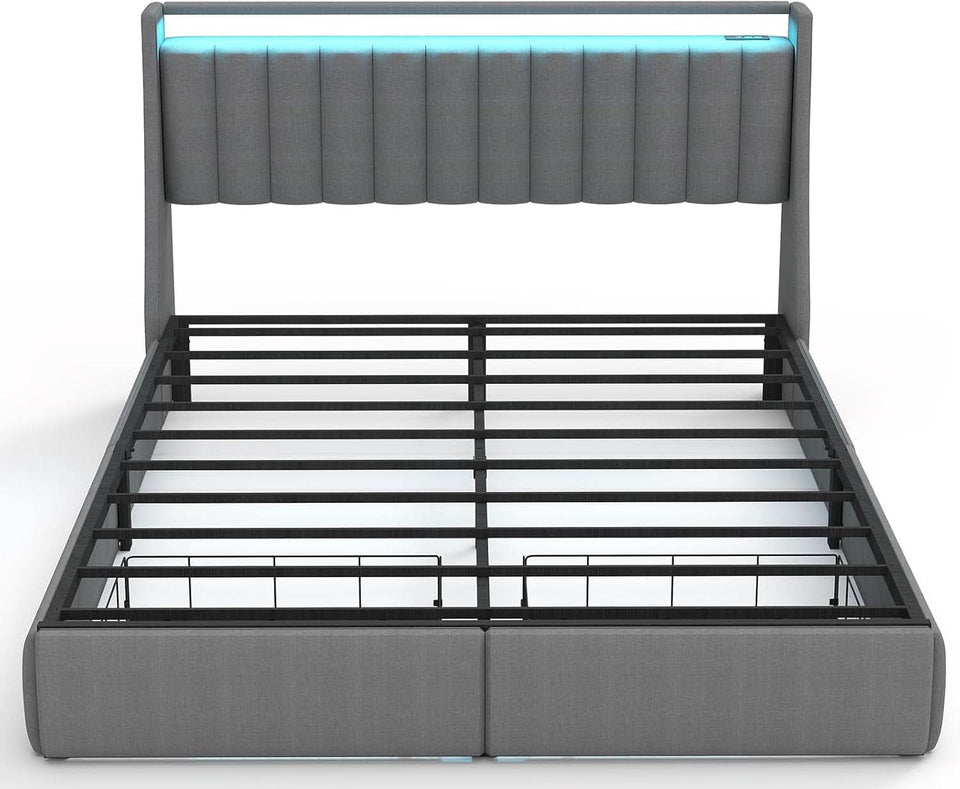 Queen Bed Frame With LED Lights And Storage Drawers