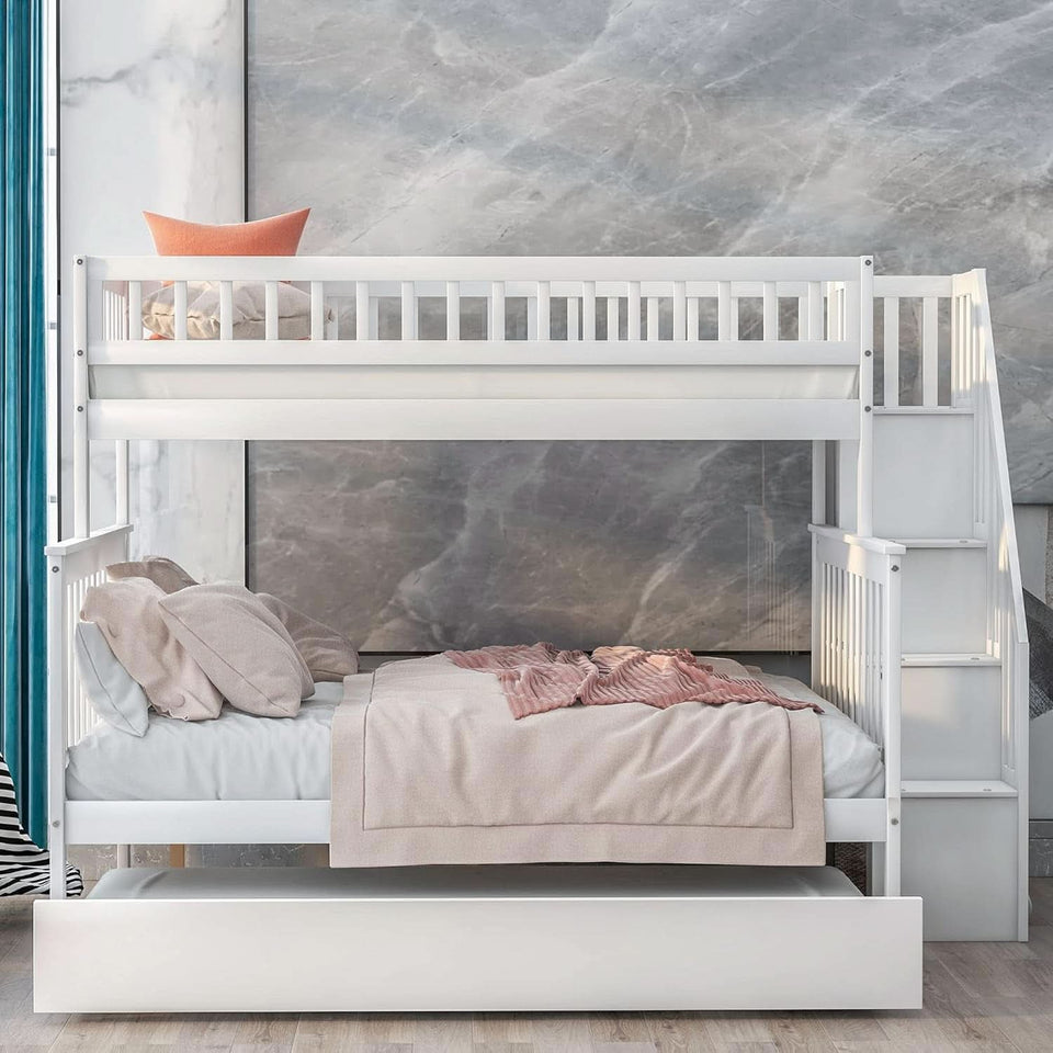 Twin Over Full Bunk Bed With Stairs And Trundle White Wood