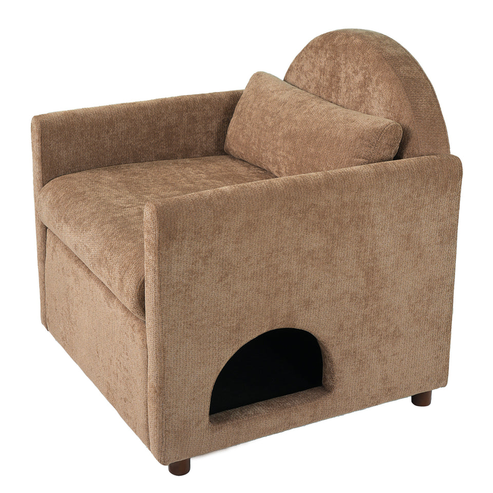 Coffee Pet Friendly Accent Chair with Hidden Pet Nook - Acacia Wood