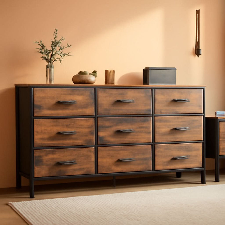 Rustic Brown 9 Drawer Dresser And TV Stand 47 Inch Wide