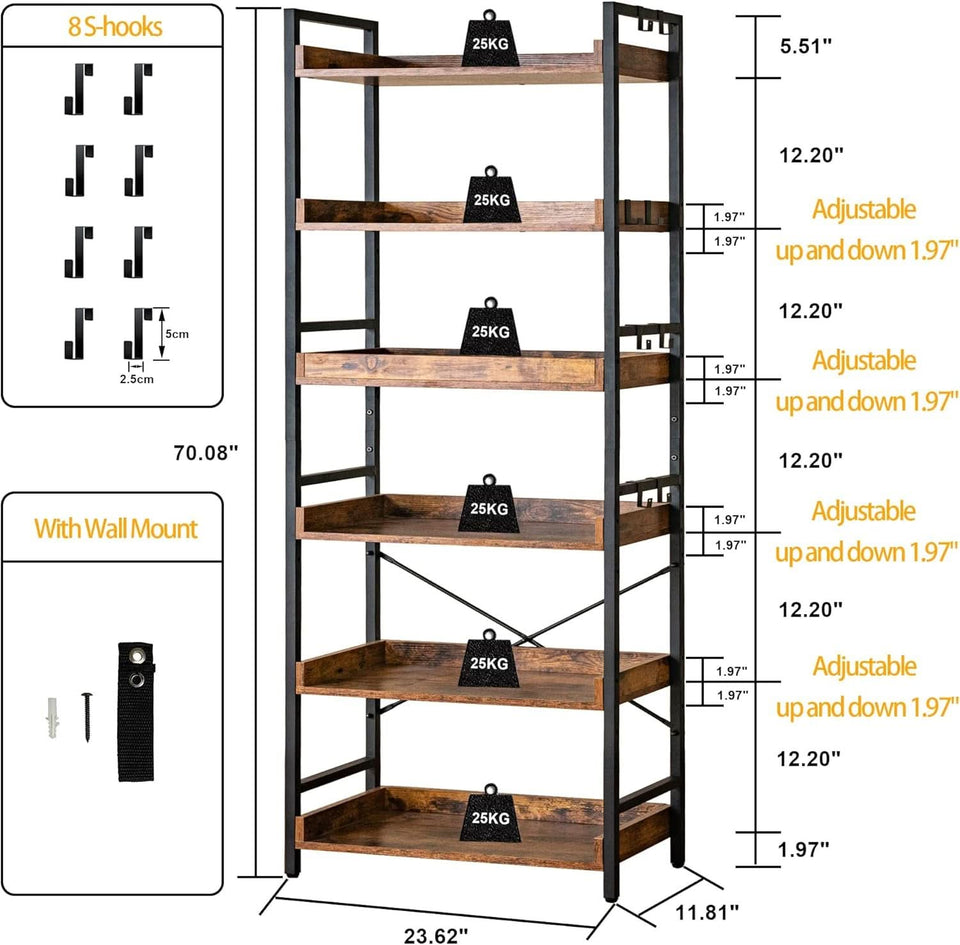 Adjustable Six Tier Industrial Wood Black Metal Bookcase
