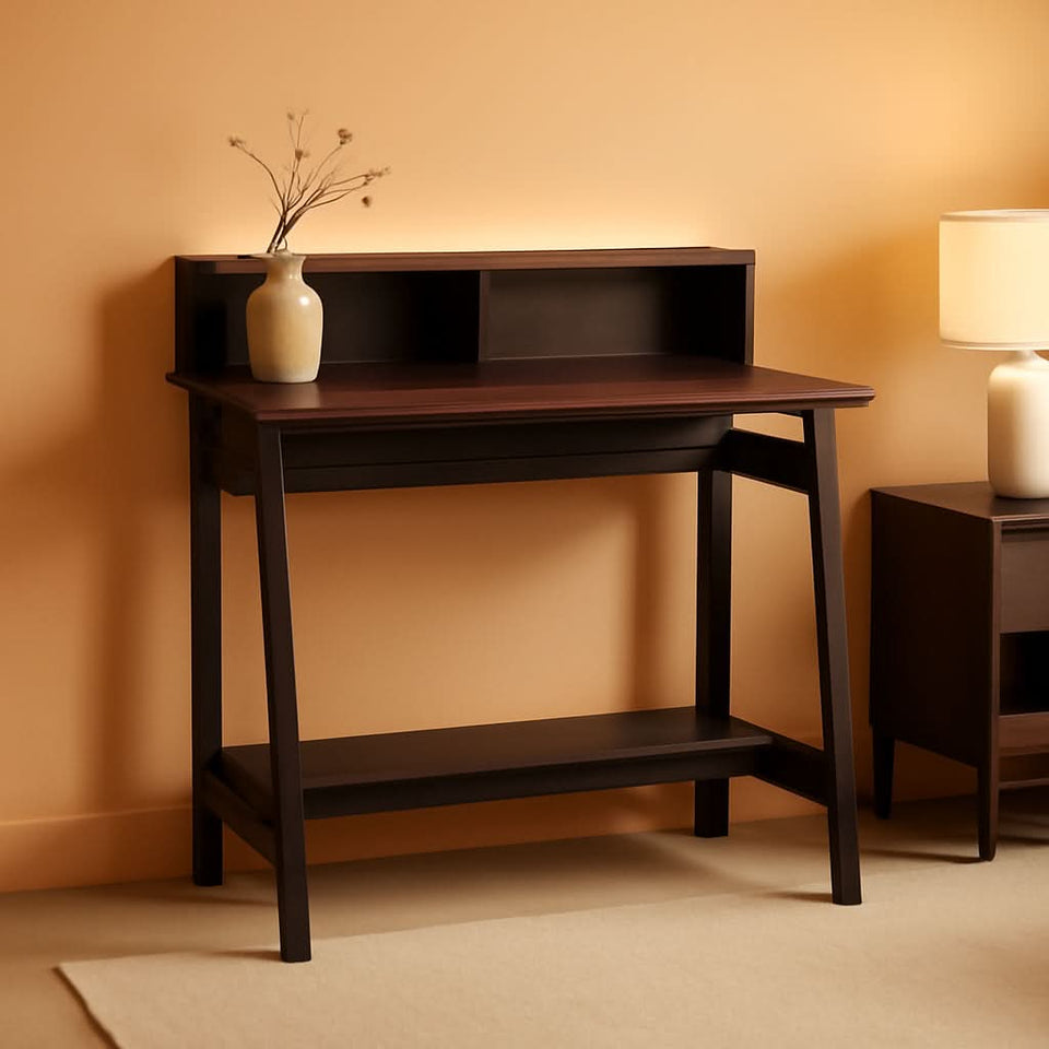 A Frame Computer Desk With Hutch In Dark Walnut Finish