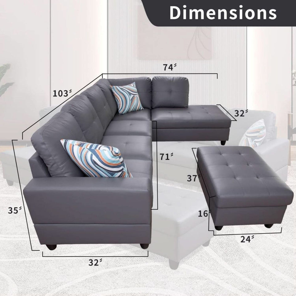 Dark Grey L Shaped PU Leather Sofa With Storage Ottoman
