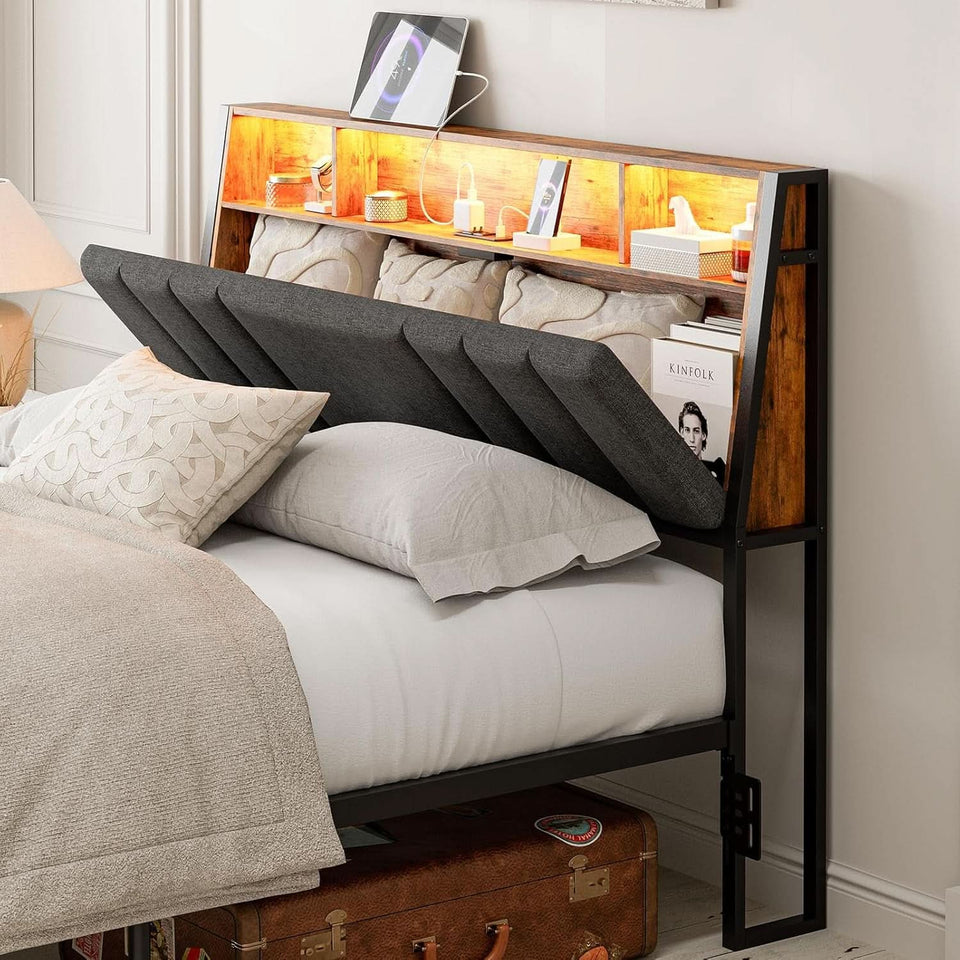 Ergonomic Queen Size Headboard with LED Lights Storage