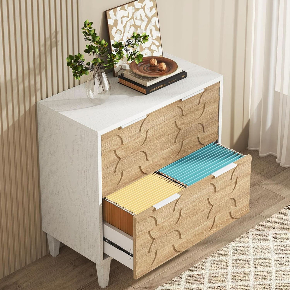 Two Drawer Lateral File Cabinet For A4 Letter And Legal Size Documents White And Walnut Printer Stand