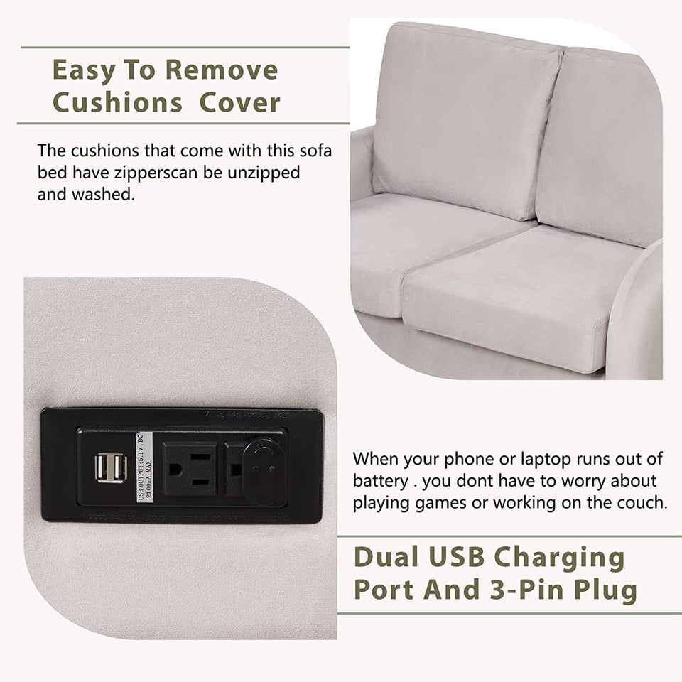 2 In 1 Velvet Sleeper Sofa With USB Port Convertible Loveseat Bed Soft Velvet Upholstery For Small Living Rooms Guests