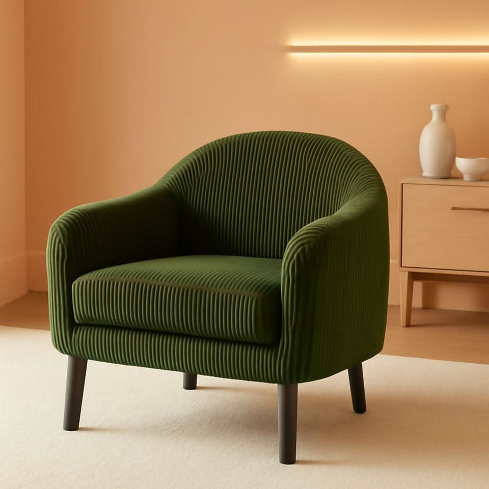 Corduroy Green Barrel Chair 30 Inch Wide With Wood Legs