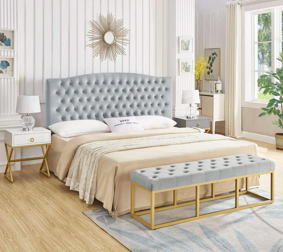 Velvet Tufted King Headboard Stylish Comfortable Gray Design