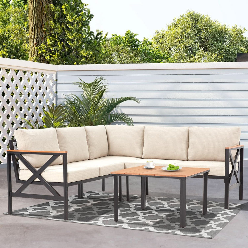 L Shape Metal Patio Furniture Set with Cushions