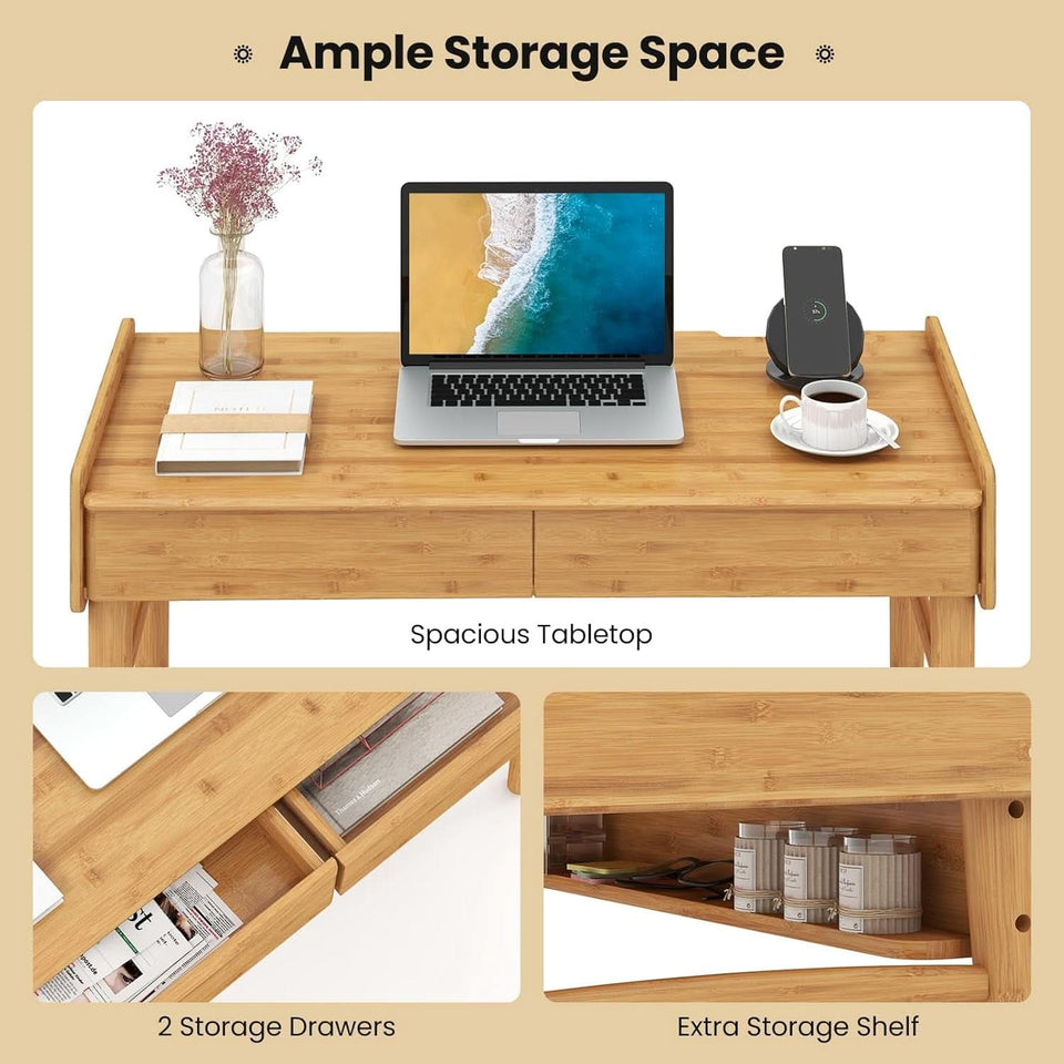 Bamboo Computer Desk with Drawers and Open Shelf