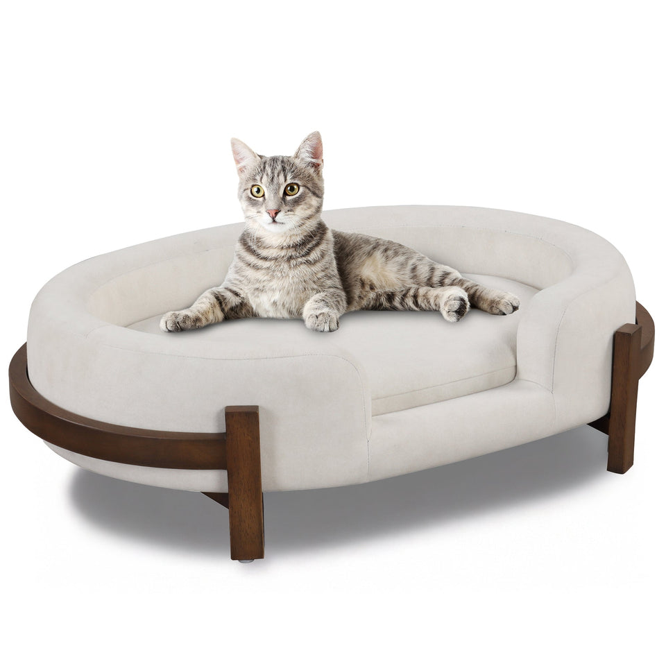 Calming Dog Bed Durable Fabric Pet Furniture with Solid Wood Frame - Neutral
