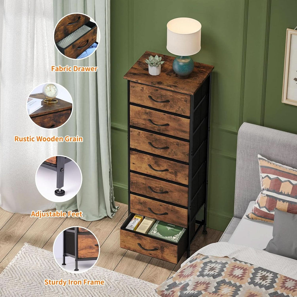 Tall Dresser With Seven Fabric Drawers In Woodgrain Finish