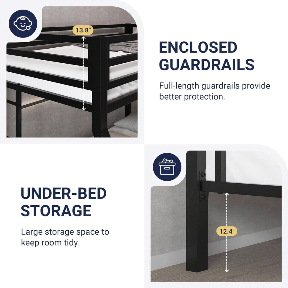 Metal Bunk Bed Twin Over Full Size With Guardrails