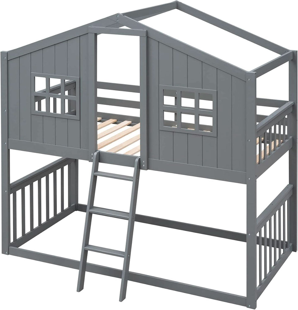 Gray Twin Over Twin House Bunk Bed With Roof For Kids