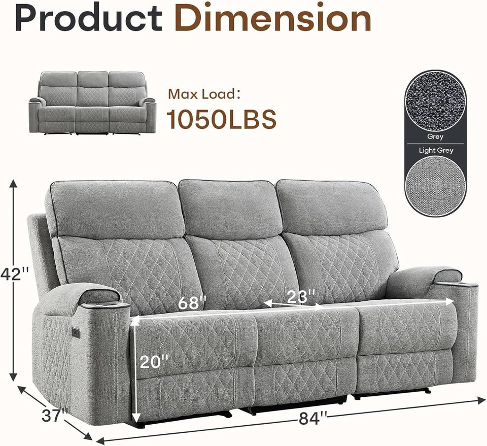 Electric Recliner Sofa USB Type C Ports Light Grey