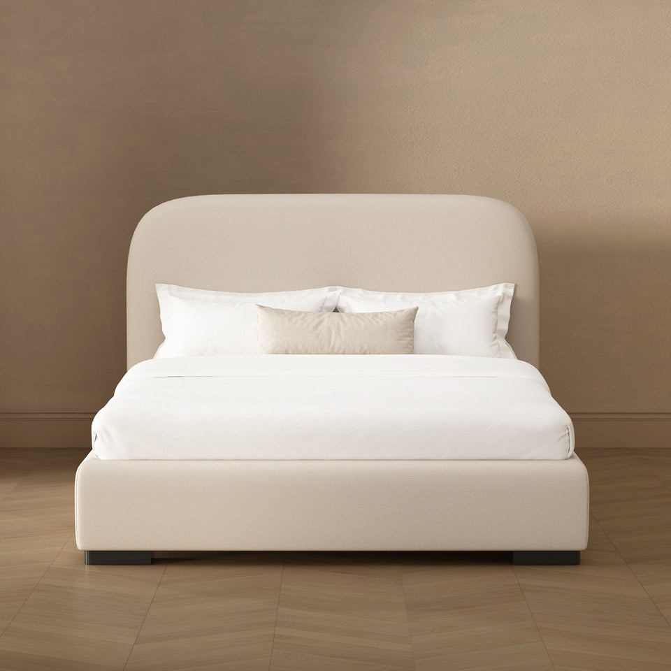 Clifton Rounded-Edge Upholstered Queen Bed in Alabaster - lifestyle front