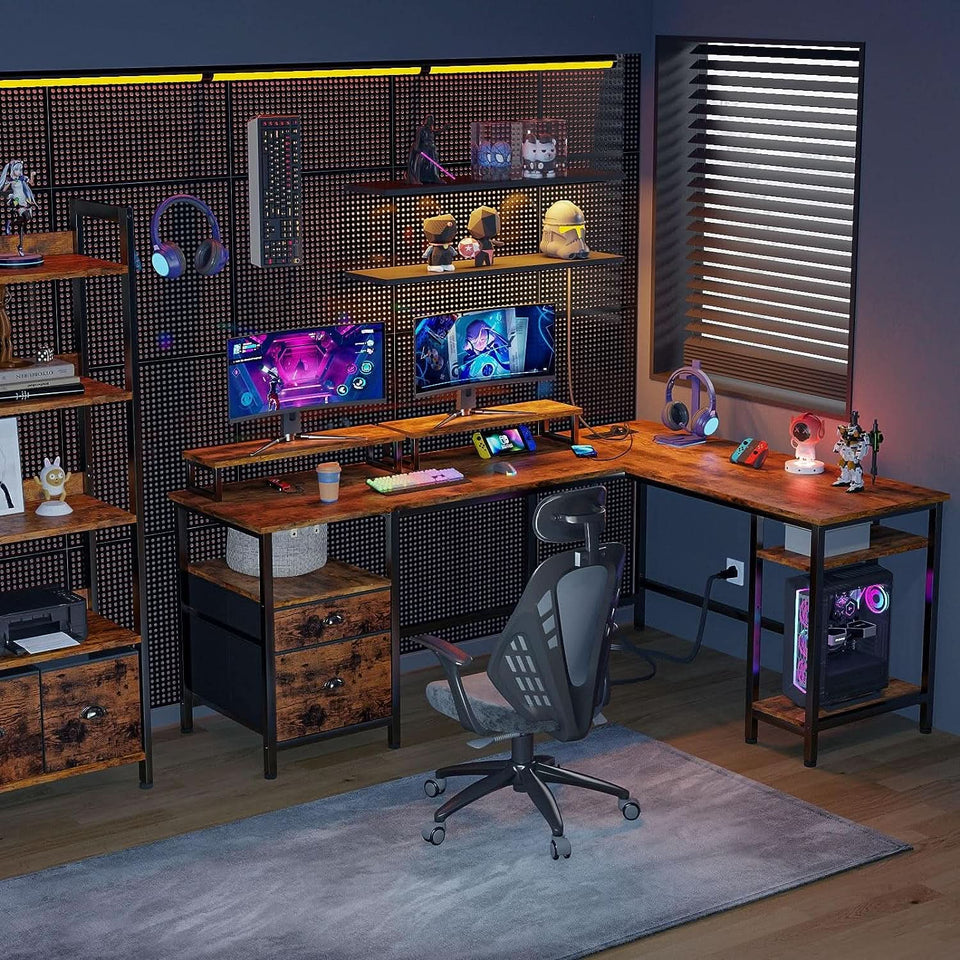 66 Inch Rustic Brown L Shaped Desk With Power Outlet