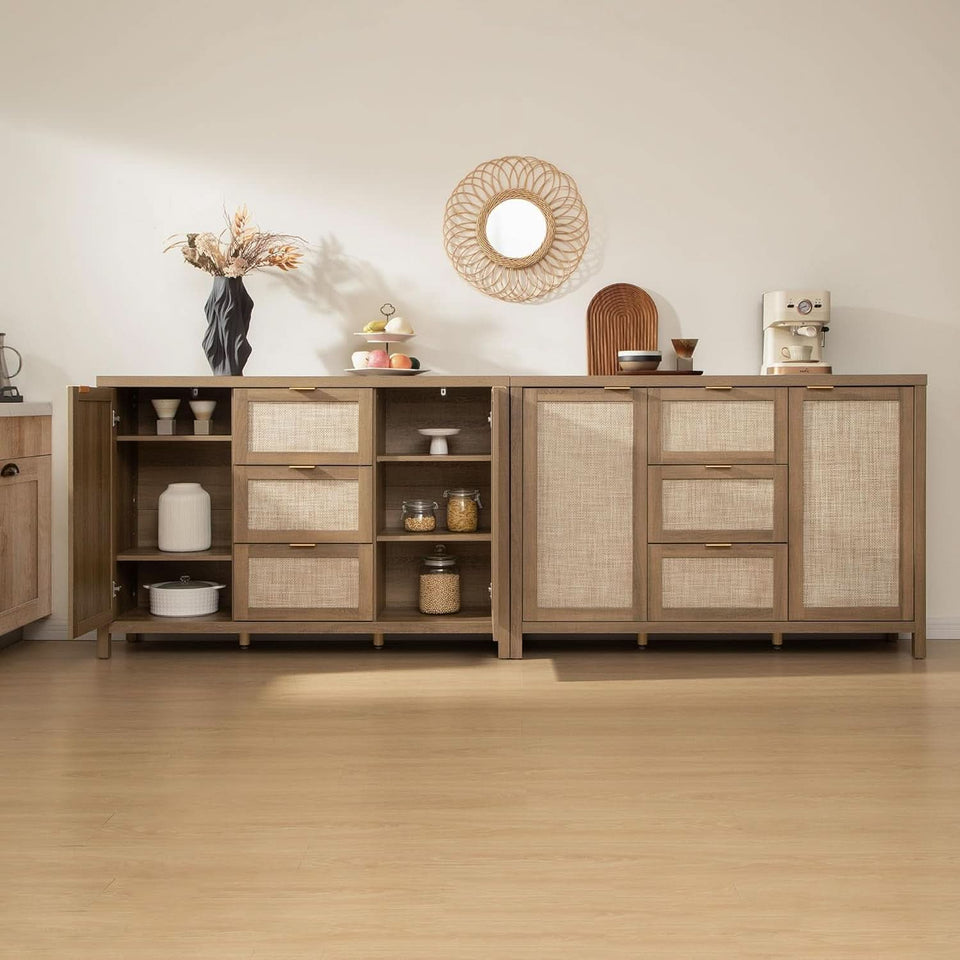 Caramel Oak Rattan Large Sideboard Buffet Storage Cabinet