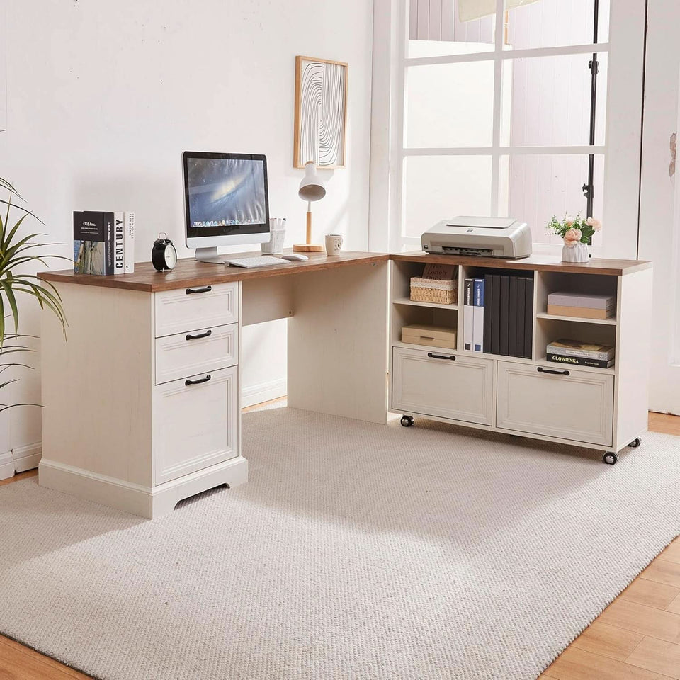 60 Inch L Shaped Desk With Farmhouse Cabinetry Storage
