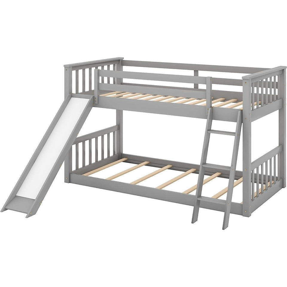 Grey Twin Bunk Bed With Slide Solid Pine Construction