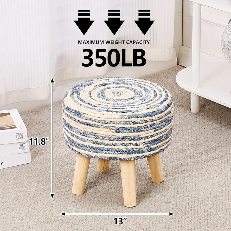Round Seagrass Ottoman Footstool Handwoven Natural Blue